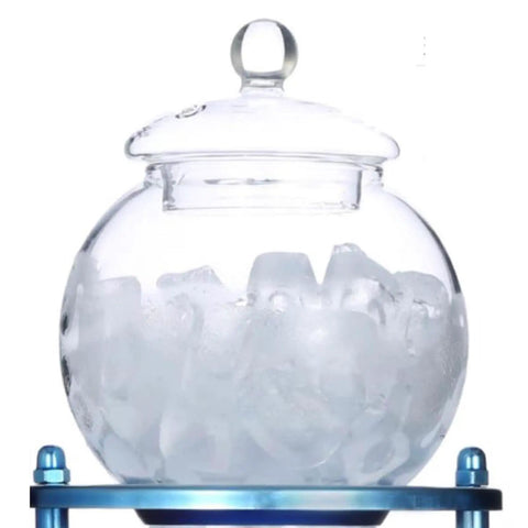 Top Shelf Cold Brew Drip Tower And Iced Coffee Maker With 21 Oz Detachable Borosilicate Carafe and heavy duty steel rack displaying ice in a glass bowl.