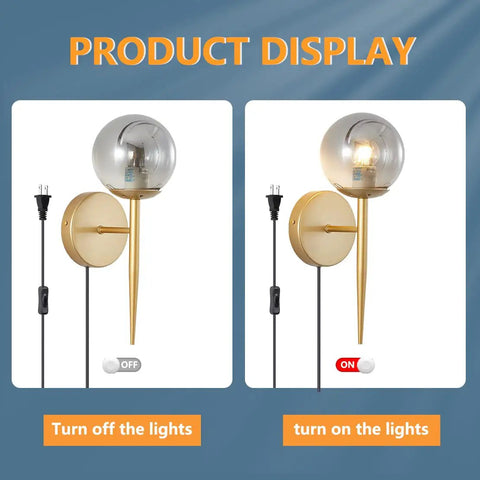 2 Light Plug In Globe Wall Sconce With Smoky Gray Glass Shade And Brass Finish Delivers A Cozy Vibe And Soft Glow For Bathroom Bedroom Hallway Corridor Modern Bedside Lighting shown with lights off and on