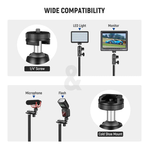Light Stand Mount Adapter With Cold Shoe And Quarter Inch Screw Mini Ball Head showing wide compatibility with lights and monitors.