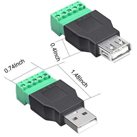 USB 2.0 Type A Breakout Board To 5 Pin Screw Terminal Connector Shield Adapter Kit With D Plus D Minus Terminals Shield 300V 8A Rating Pack Of 4 For DIY Electronics Projects, showing dimensions of 1.48 x 0.74 x 0.4 inches.