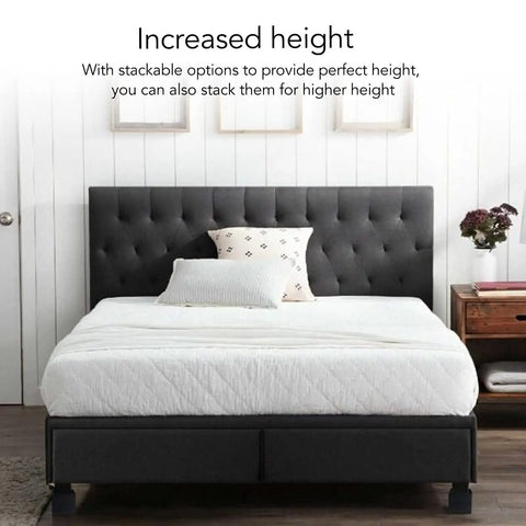 Bed with 4 Pack Furniture Vibration Control Pads With Ultra Grippy Rubber Feet, stackable risers, increased height shown