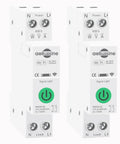 Heavy Duty Smart WiFi Circuit Breaker With Slick App Command And Easy Peasy Setup Offers Solid 63A Adjustable Load Protection Plus Quick Alerts And Auto Power Cut For Real Home Peace Of Mind In Convenient Two Pack Design, showing two-packs in white with green power buttons.