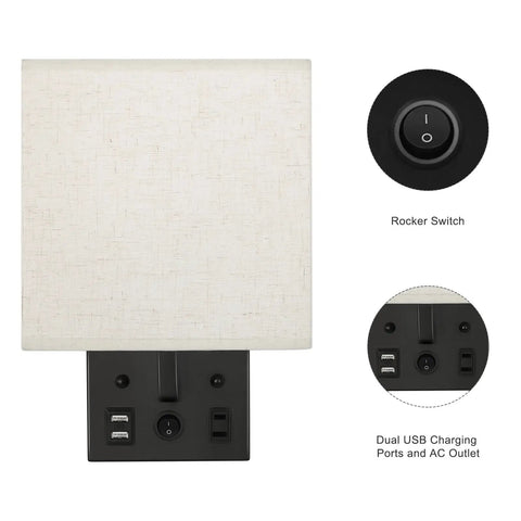 Front view of Bedside Wall Lamp Set Of 2 With Plug-In Cord, Modern Sconces with USB and AC outlet, black finish, rocker switch detail.