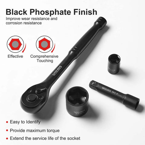 Impact Socket Set 33 Piece Three Eighths Inch Drive With Seventy Two Tooth Reversible Ratchet Wrench Pro Grade CR V Six Point