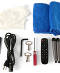 Accessories for 55 Inch Rotating Touch Screen Digital Signage Display including remote, cleaning cloths, tools, and gloves.