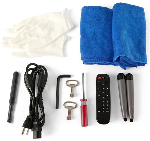 Accessories for 55 Inch Rotating Touch Screen Digital Signage Display including remote, cleaning cloths, tools, and gloves.