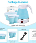 On The Go Portable Electric Kettle 600ml Foldable Tea Coffee Kettle With Collapsible Cup Set Fast 5 Minute Boil BPA Free Food Grade Silicone 110V 400W Ideal For Camping Office Travel, blue portable electric kettle with cups and bowl set.
