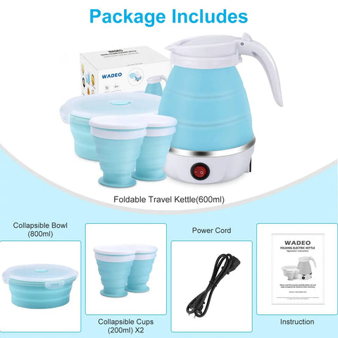 On The Go Portable Electric Kettle 600ml Foldable Tea Coffee Kettle With Collapsible Cup Set Fast 5 Minute Boil BPA Free Food Grade Silicone 110V 400W Ideal For Camping Office Travel, blue portable electric kettle with cups and bowl set.