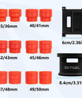 Pro Grade 14 Piece Universal Fork Seal Driver Tool Kit For Motorcycles And Bikes With Six Plastic Adapters Sized 35 To 36mm 40 To 41mm 42 To 43mm 45 To 46mm 47 To 48mm And 49 To 50mm For Easy Front Fork Maintenance, showing red adapters and measuring tools