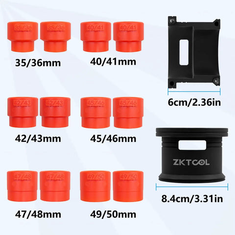 Pro Grade 14 Piece Universal Fork Seal Driver Tool Kit For Motorcycles And Bikes With Six Plastic Adapters Sized 35 To 36mm 40 To 41mm 42 To 43mm 45 To 46mm 47 To 48mm And 49 To 50mm For Easy Front Fork Maintenance, showing red adapters and measuring tools