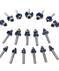 Making Custom Woodwork A Breeze With This Badass Eighty Piece One Quarter Shank Tongue And Groove Router Bit Set Featuring Razor Sharp Carbide Edges And Sturdy Storage Chest For Real Builders: 18 quarter shank router bits in blue.