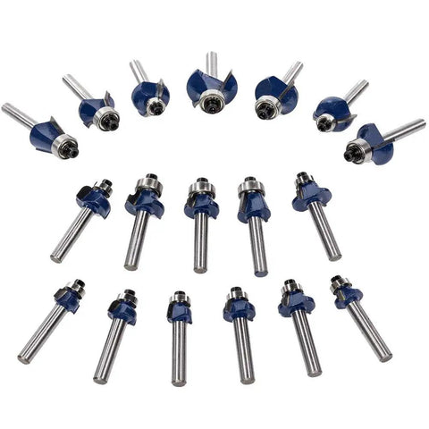 Making Custom Woodwork A Breeze With This Badass Eighty Piece One Quarter Shank Tongue And Groove Router Bit Set Featuring Razor Sharp Carbide Edges And Sturdy Storage Chest For Real Builders: 18 quarter shank router bits in blue.