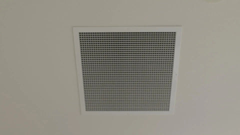 Twenty-four inch damper grille mounted on the ceiling for Top Tier Heavy Workhorse Roof Mount Whole House Fan For Flat Roofs With Zero Attic.