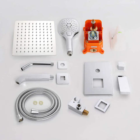 Components of Chrome Shower Tub Faucet Set With 8 Inch Shower Head, Wall Mounted Tub Spout, Single Handle Trim Kit, Rough In Valve