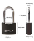 All Weather Outdoor Padlock Set Keyed Alike, 2 Locks With Same Key, Heavy Duty Solid Steel Lock, dimensions labeled