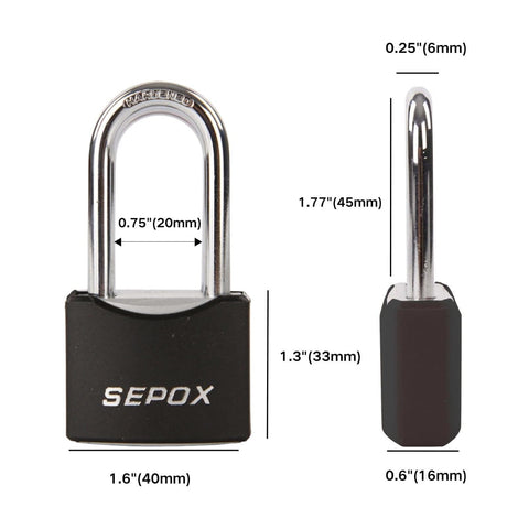 All Weather Outdoor Padlock Set Keyed Alike, 2 Locks With Same Key, Heavy Duty Solid Steel Lock, dimensions labeled