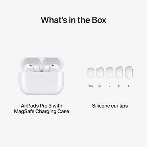 AirPods Pro 3 Wireless Earbuds With Elite Active Noise Cancellation shown with MagSafe Charging Case and silicone ear tips.