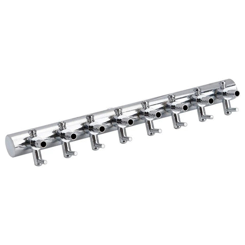 Eight Way Aquarium Air Flow Control Valve With Slick Manual Adjustment Levers in shiny chromium copper design for fish tank oxygen distribution.