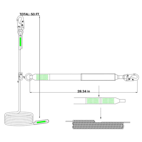 Heavy Duty Fifty Foot Vertical Lifeline Assembly With Rock Solid Alloy Steel Rope Grab And Shock Absorbing Lanyard For Roofer Fall Arrest Safety Kit Fully Osha Approved, detailed diagram showing dimensions and components.