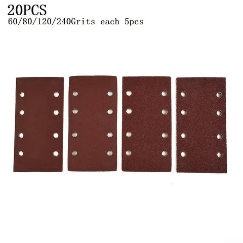 Heavy Duty AluSmallum Oxide Sanding Sheets With Punched Hook And Loop Design Come In A Pack Of 20 Assorted Grits with holes for quick attachment.