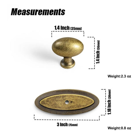 Badass Hella Smooth Antique Brass Cabinet Knobs With Oval Backplate For Kitchen Drawers And Furniture Upgrades Zinc Alloy Hardware with measurements.