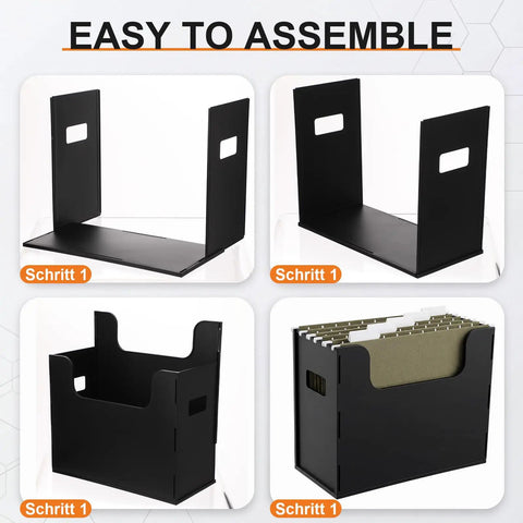 Assembly steps of Desktop Hanging File Organizer Box with Five Army Green Hanging File Folders Letter Size shown