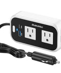 Hella Reliable 200W Car Power Inverter With Dual AC Outlets, 30W PD Fast Charger And QC3.0 USB Port, Zero Hassle DC To AC Converter For Laptops, Smartphones, And On The Go Charging Needs, featuring dual AC outlets and USB ports.