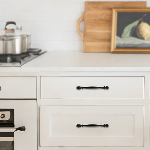 10 Pack 5 Inch Matte Black Cabinet Handles Zinc Alloy Drawer Pulls installed on white kitchen cabinets