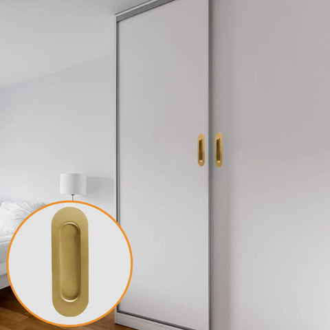 Installed Two Pack Brushed Gold Stainless Steel Flush Pull Handles With Side Hole Oval Embedded Recessed Finger Pulls For Drawers Cabinets And Wardrobes Hidden Screws Space Saving Sliding Door Style