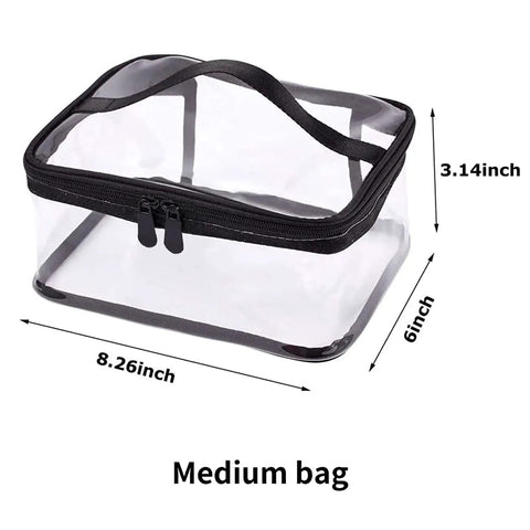Two Pack Clear Makeup Bags With Zipper Waterproof Travel Storage Pouch Organizer For Cosmetics And Toiletries Transparent PVC Bags With Handle Medium bag, 8.26x6x3.14 inches, black trim