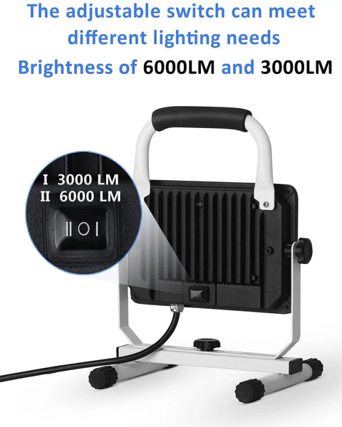 Back view of 6000 Lumen LED Work Light with Stand showing switch for 6000 and 3000 lumens, power cord attached.