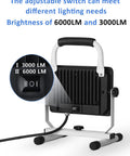 Back view of 6000 Lumen LED Work Light With Stand Waterproof Flood Light Adjustable Brightness Portable Job Site Light with switch