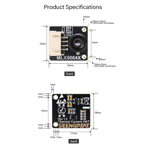 Budget Friendly Thermal Imaging Camera With 32x24 IR Sensor And I2C For Raspberry Pi Arduino STM32 Projects Built For Firefighting Security Monitoring HVAC Electrical Maintenance And More, front and back view specifications.
