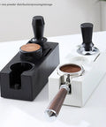 Top Notch Espresso Tamper Base With Distribution Tool For 51mm 53mm And 58mm Portafilters, black and white versions displayed