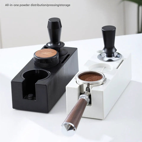 Straight Fire Coffee Tamper Base And Tamping Station For 51mm 53mm 58mm Portafilters With Precision Distribution Tool in black and white.