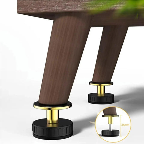 Close-up of adjustable furniture feet set 12 pieces for leveling and anti shake on beds and heavy furniture with telescopic posts.