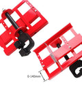 Heavy Duty Chain Saw Rail Positioner Attachment For Portable Mills And Timber Bucking Projects Featuring Built Tough Steel Construction And Straight Shooting Alignment For No Mess Lumber Cuts, showing adjustable red steel frame.