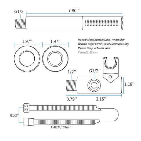 Technical diagram of Chrome Brass Handheld Shower Head With High Pressure 2 Function Sprayer 7 Inch Head 59 Inch Hose And Wall Bracket
