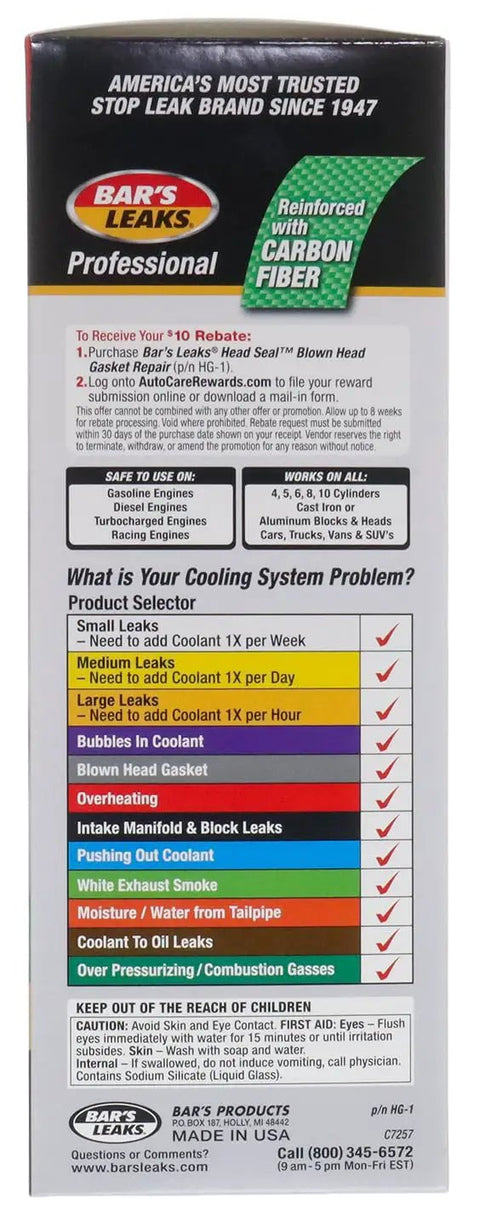 Head Gasket Sealant For Blown Head Gasket And Intake Leaks Quick Easy No Brainer Fix That Stops Coolant And Oil Leaks Fast Safe Engine Repair Trusted For Over 75 Years Keeps Your Ride Running Without Major Head Work. Bar's Leaks Professional box front