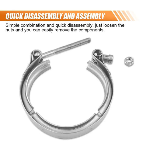 2.5 Inch V Band Clamp For Exhaust Systems And Downpipes, stainless steel automotive V clamp with t-bolt and nut for easy disassembly.