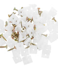 50 Piece Metal And Plastic 45 Degree Triangle Shelf Brackets with screws for kitchen cabinets and office desks.