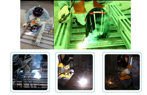 Welder using auto darkening welding helmet with shade 9 for Argon Arc, lightweight and rugged face shield, UV protective safety mask.