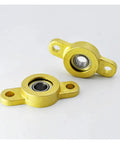 Thinking Process:. 5mm metal pillow block bearing unit with two bolt holes, shown in gold on white background