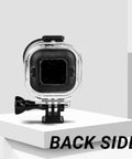 Back view of Waterproof Dive Case For Go Ultra Thumb Camera, 164ft/50m Underwater Housing With Bracket, on a stand
