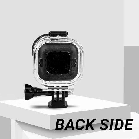Back view of Waterproof Dive Case For Go Ultra Thumb Camera, 164ft/50m Underwater Housing With Bracket, on a stand
