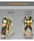 Front and side view of 2 Pack 2 Inch V Groove Wheel Sliding Gate Track Roller Heavy Duty Rigid Casters for barn doors.