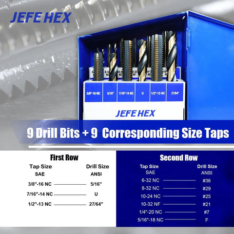 18 Piece Drill And Tap Set With T Handle Ratchet Wrench Premium HSS Jobber Length Drill Bits And Hand Plug Taps Includes 9 Drill Bits And 9 Taps Ranging From 6 32 UNC To 1 2 13 UNC Metal Indexed Box Black And Gold Finish