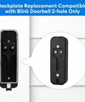Heavy Duty Doorbell Backplate Replacement For Two Hole Video Doorbell Models With Upgraded Plastic Mounting Plate and Sturdy Metal Lock Clip Kit showing a black backplate mounted on a wall.