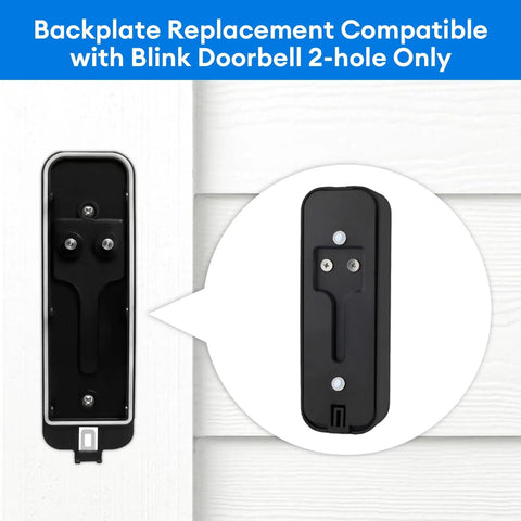 Heavy Duty Doorbell Backplate Replacement For Two Hole Video Doorbell Models With Upgraded Plastic Mounting Plate and Sturdy Metal Lock Clip Kit showing a black backplate mounted on a wall.