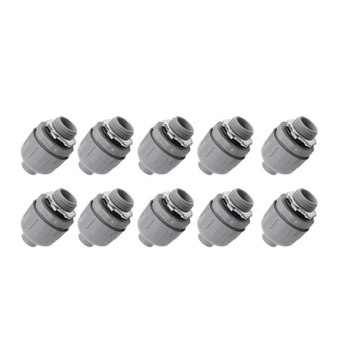 10 Pack 1 Inch NPT Liquid Tight Conduit Connectors, Rock Solid Nylon 6 electrical fittings in grey, designed for durability and moisture protection.